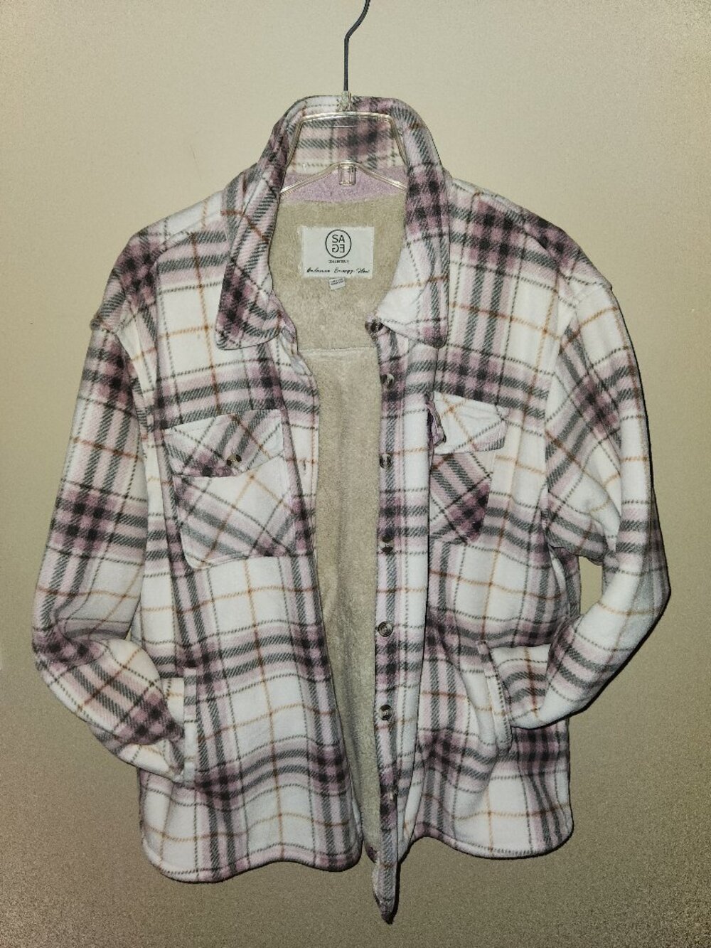 Sage Collective Women's Plaid Shacket Jacket XXL 2XL Pink Sherpa Fleece Lined